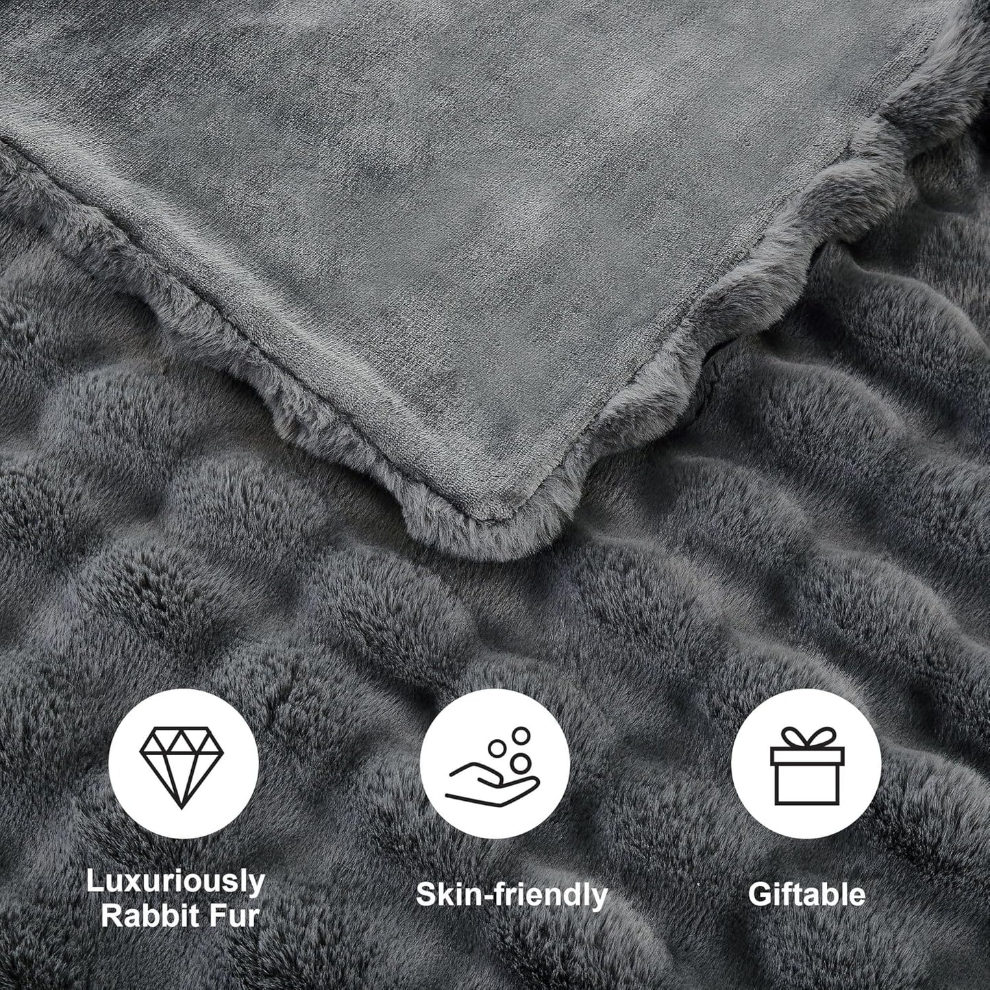 DREAMNINE Large Soft Thick Fuzzy Bubble Faux Rabbit Fur Bed Blanket Full Size 70" x 80",Reversible Gray Plush Big Warm Shaggy Fluffy Blankets for Winter,Solid Luxury Cozy Cute Bumpy Furry Blanket,Grey