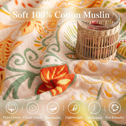 Boho Throw Blanket Full Size, Extra Large Soft Cozy Cotton Muslin Quilt Blanket for Bed Decor, Floral Patterned Couch Sofa Chair Cover, Vintage Farmhouse Cottage Woven Blanket, Coral&Green