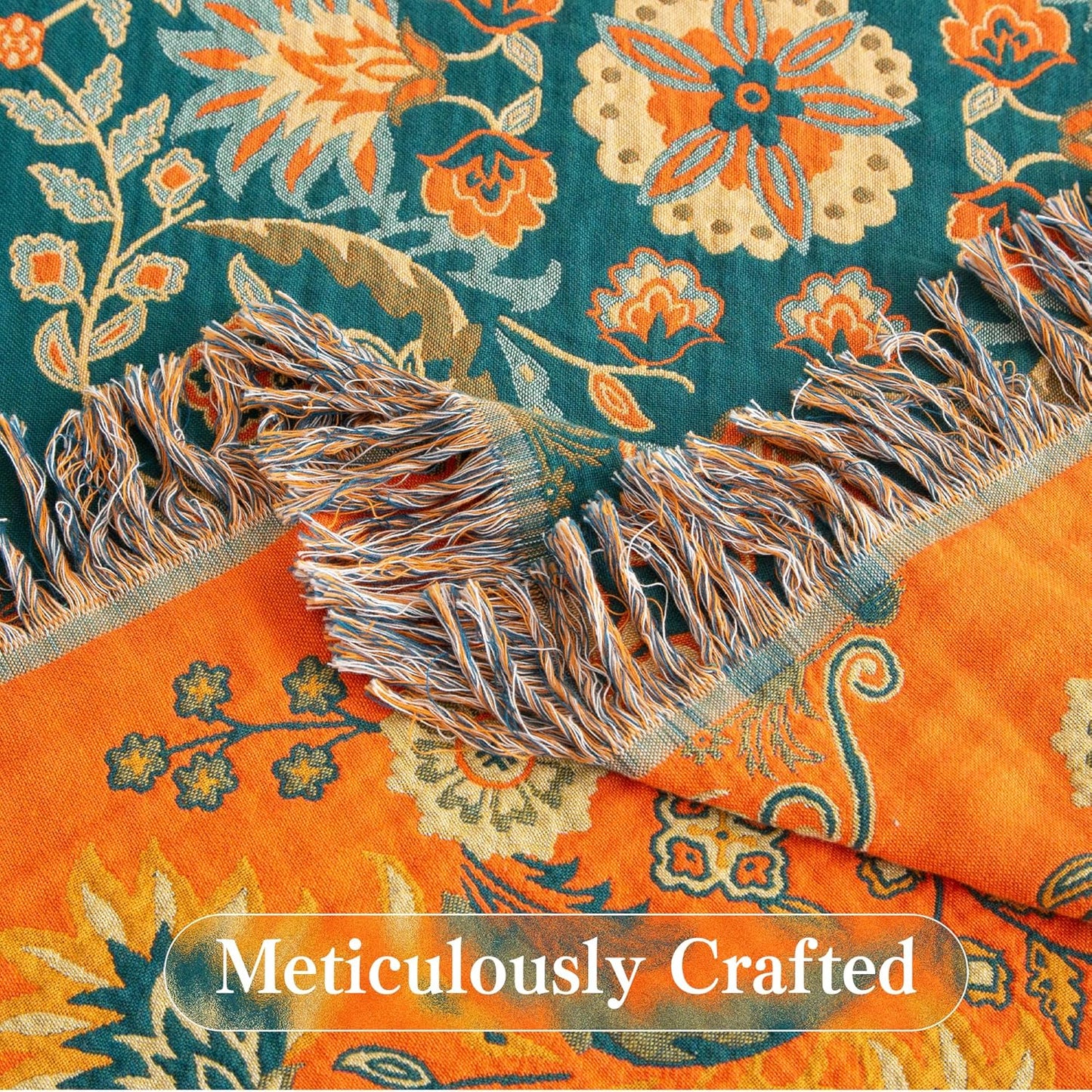 Boho Throw Blanket Twin Size, Soft Cozy Cotton Muslin Quilt Blanket for Bed Decor, Floral Patterned Couch Sofa Chair Cover, Vintage Farmhouse Cottage Tapestry Woven Blanket, Orange&Green