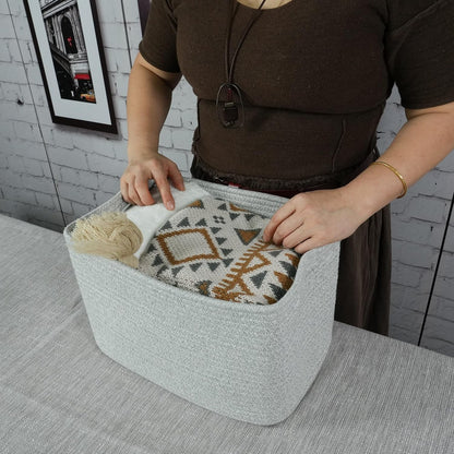 Cotton Rope storage Basket Bins Woven Basket for Organizing Shelves 14.5X9.5X9.3“ Rectangle Decorative Baskets For storage Clothes Toys Books Towels Square Wicker Nursery basket organizer 3 pack grey