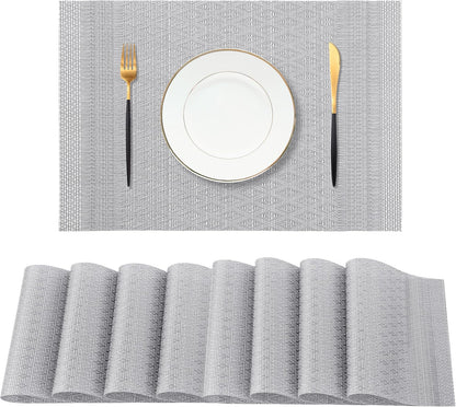Leetaltree Lunar Grey Placemats Set of 8 - Heat Resistant Non-Slip Place mats for Dining Table, Washable Durable PVC Vinyl Woven Table Mats（Lunar Grey, 8）