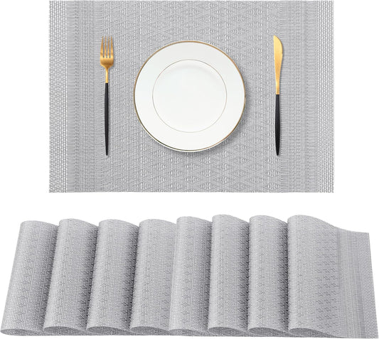 Leetaltree Lunar Grey Placemats Set of 8 - Heat Resistant Non-Slip Place mats for Dining Table, Washable Durable PVC Vinyl Woven Table Mats（Lunar Grey, 8）