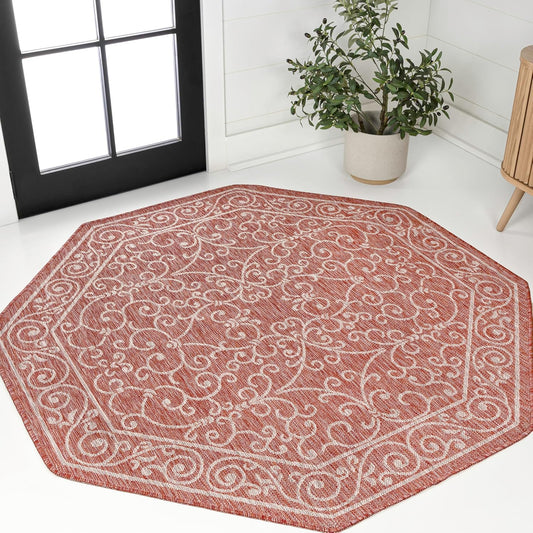 JONATHAN Y Vintage Filigree Indoor Outdoor Octagon Area Rug 8 Ft Red/Beige, Charleston Textured Weave for Backyard, Patio, Porch, Easy-Cleaning, High Traffic, Pet-Friendly, Non-Shedding SMB106B-8TGN