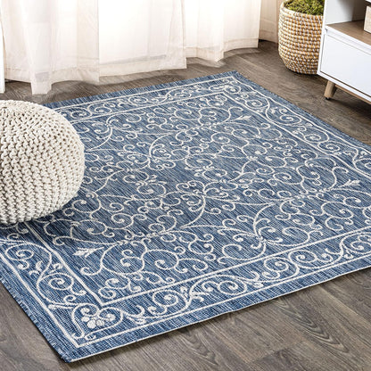 JONATHAN Y Vintage Filigree Indoor Outdoor Square Area Rug 8X8 Navy/Gray, Charleston Textured Weave for Backyard, Patio, Porch, Easy-Cleaning, High Traffic, Pet-Friendly, Non-Shedding (SMB106D-8SQ)