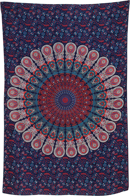 Bless International Handmade Indian hippie Bohemian Psychedelic Peacock Mandala Wall hanging College Dorm Beach Throws Table Cloth Bedding Tapestry (Midnight Blue, Twin(54x72Inches)(140x185cms))