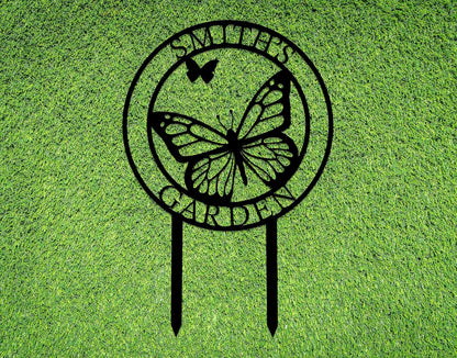 Custom Butterfly Metal Garden Sign with Stakes, Metal Yard Art, Personalized Butterfly Home Garden Decor, Garden Family Name Sign for Outdoor New Home Gift for Outside, Patio Decor, Housewarming Gift