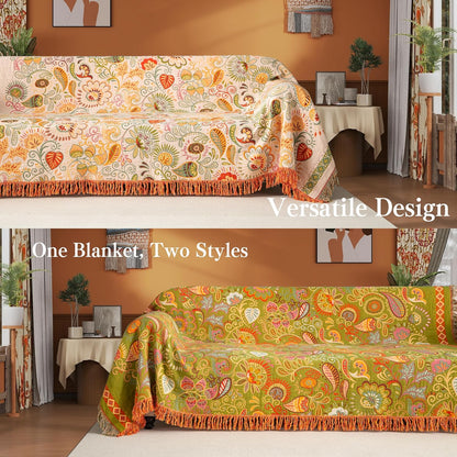 Boho Throw Blanket Twin Size, Soft Cozy Cotton Muslin Quilt Blanket for Bed Decor, Floral Patterned Couch Sofa Chair Cover, Vintage Farmhouse Cottage Tapestry Woven Blanket, Coral&Green