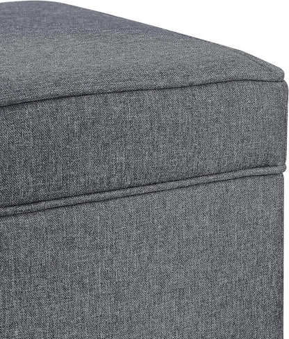 Adeco 17.5" Square Fabric Ottoman with Storage, Upholstered Cotton Linen Foot Rest, Flip Top Footstool, Small Cube Coffee Table Extra Seat for Living Room, Bedroom, Grey with Rolling Legs