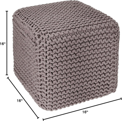 REDEARTH Cube Hand Knitted Pouf - Foot Stool Ottoman - Cord Boho Pouffe - Poof Accent Stuffed Table or Footrest for Living Room - Nursery - Bedroom - Patio - 100% Cotton (16" x 16" x 16") - Taupe