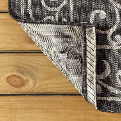 JONATHAN Y Vintage Filigree Indoor Outdoor Round Area Rug 8 Ft Black/Gray, Charleston Textured Weave for Backyard, Patio, Porch, Easy-Cleaning, High Traffic, Pet-Friendly, Non-Shedding (SMB106G-8R)