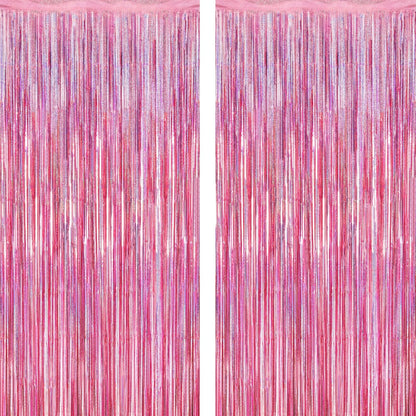 2 Pack Glitter Pink Backdrop, 3.28 FT x 7.05 FT Birthday Party Decorations, Laser Pink Fringe Curtains Foil Streamer Tinsel, Pink Curtains Photo Backdrop Happy Birthday Backdrop