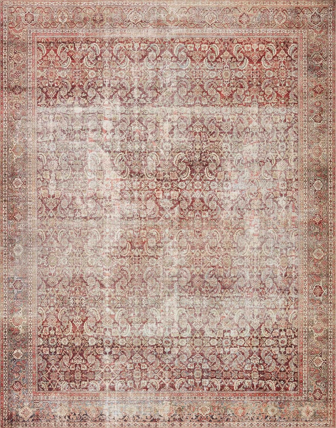 Loloi Layla Collection LAY-11 Cinnamon/Sage 7'-6" x 9'-6" .13" Thick Area Rug, Soft, Durable, Vintage Inspired, Distressed, Low Pile, Non-Shedding, Easy Clean, Printed, Living Room Rug