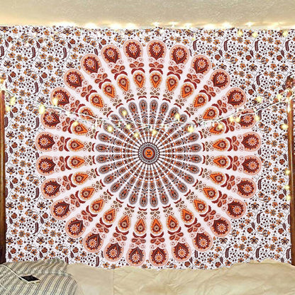 Bless International Handmade Indian hippie Bohemian Psychedelic Peacock Mandala Wall hanging College Dorm Beach Throws Table Cloth Bedding Tapestry (Orange Brown, Twin(54x72Inches)(140x185cms))
