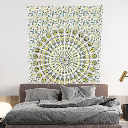 Bless International Handmade Indian hippie Bohemian Psychedelic Peacock Mandala Wall hanging College Dorm Beach Throws Table Cloth Bedding Tapestry (Yellow Green, Twin(54x72Inches)(140x185cms))