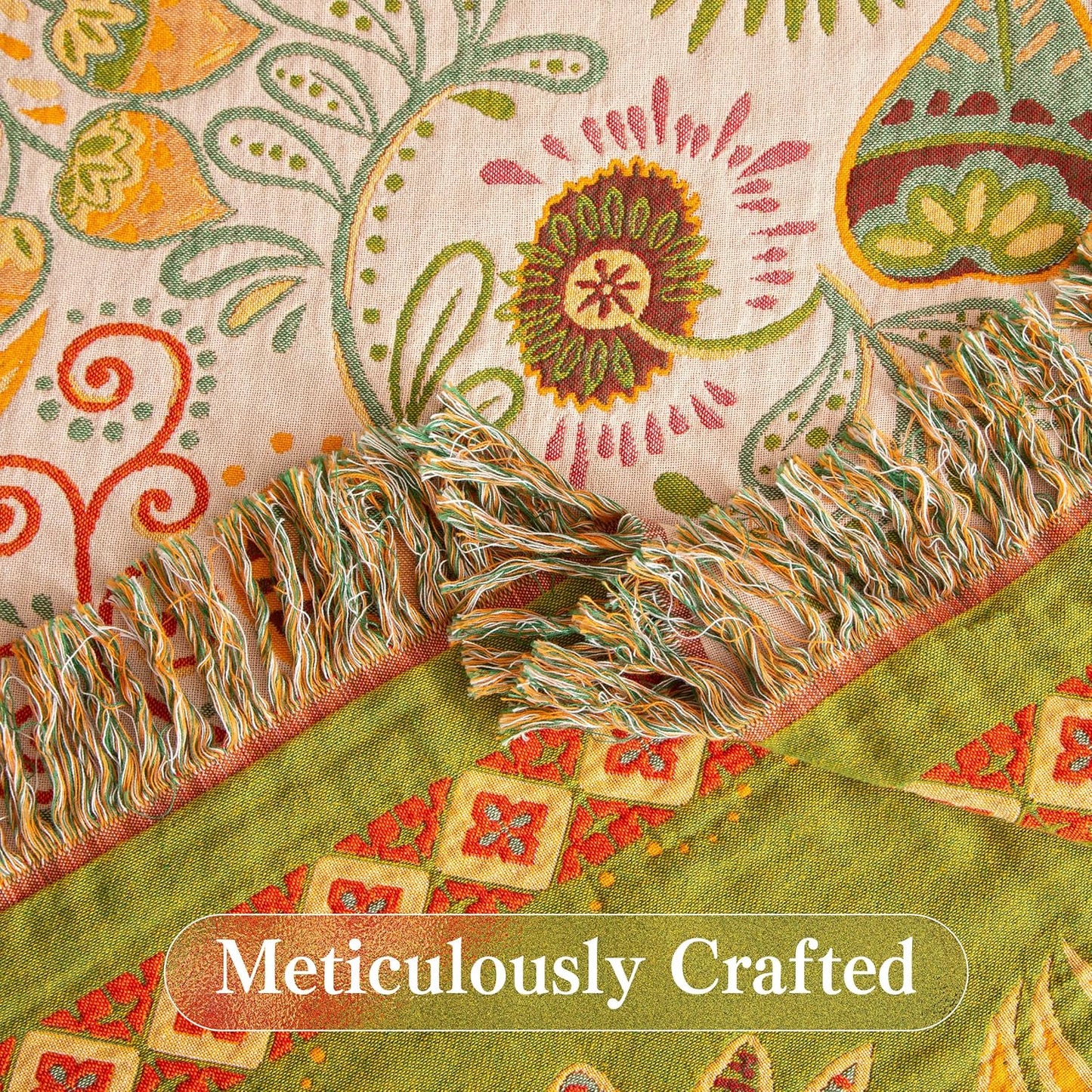 Boho Throw Blanket Queen Size, Oversized Soft Cozy Cotton Muslin Quilt Blanket for Bed Decor, Floral Patterned Couch Sofa Chair Cover, Vintage Farmhouse Cottage Woven Blanket, Coral&Green