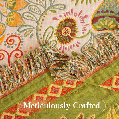 Boho Throw Blanket Full Size, Extra Large Soft Cozy Cotton Muslin Quilt Blanket for Bed Decor, Floral Patterned Couch Sofa Chair Cover, Vintage Farmhouse Cottage Woven Blanket, Coral&Green