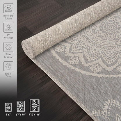 CAMILSON Outdoor Rug 5x7 Modern Area Rugs for Indoor and Outdoor Patios and Porches - Waterproof, Washable, Non-Shedding, Easy-to-Clean Outside Carpet (5 x 7, Medallion - Grey/White)