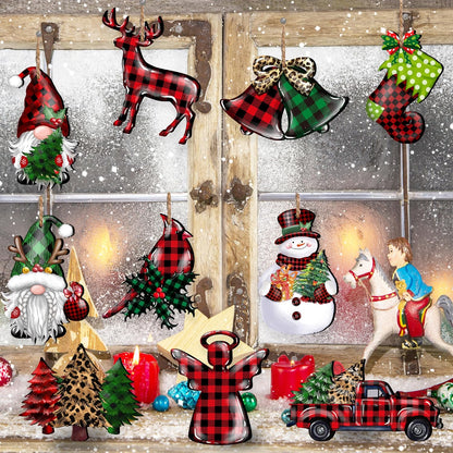 24 Pieces Christmas Wood Ornaments Snowflake Gnome Snowman Truck Wooden Hanging Ornaments Christmas Tree Cutouts Wood Crafts Holiday Decor Xmas Party Supplies (Xmas-Mixed-A)