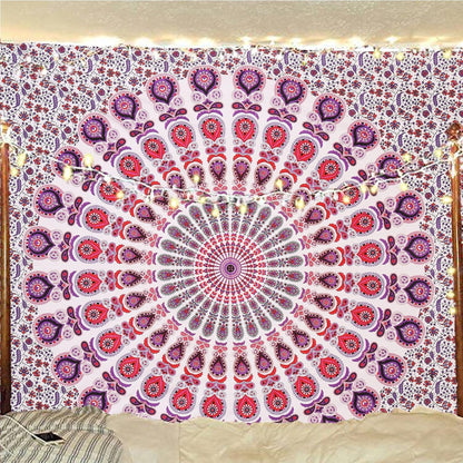 Bless International Handmade Indian hippie Bohemian Psychedelic Peacock Mandala Wall hanging College Dorm Beach Throws Table Cloth Bedding Tapestry (Pink Blue, King(88x104Inches)(225x265Cms))