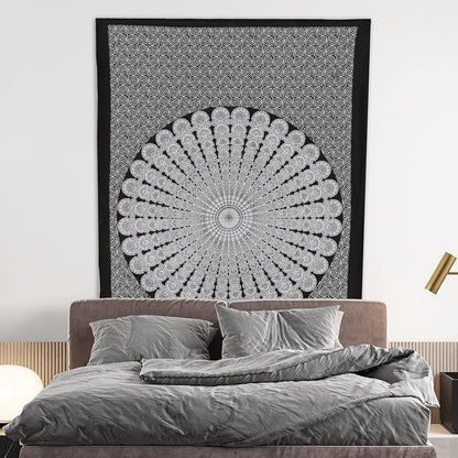 Bless International Handmade Indian hippie Bohemian Psychedelic Peacock Mandala Wall hanging College Dorm Beach Throws Table Cloth Bedding Tapestry (Black White, Twin(54x72Inches)(140x185cms))