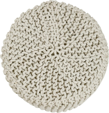 REDEARTH Cylindrical Hand Knitted Pouf - Foot Stool Ottoman - Cord Boho Pouffe - Cotton Round Poof for Home Decor - Living Room - Nursery - Bedroom - Patio (16" x 16" x 16") - Ivory