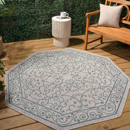 JONATHAN Y Vintage Filigree Indoor Outdoor Octagon Area Rug 5 Ft Gray/Teal, Charleston Textured Weave for Backyard, Patio, Porch, Easy-Cleaning, High Traffic, Pet-Friendly, Non-Shedding SMB106E-5TGN