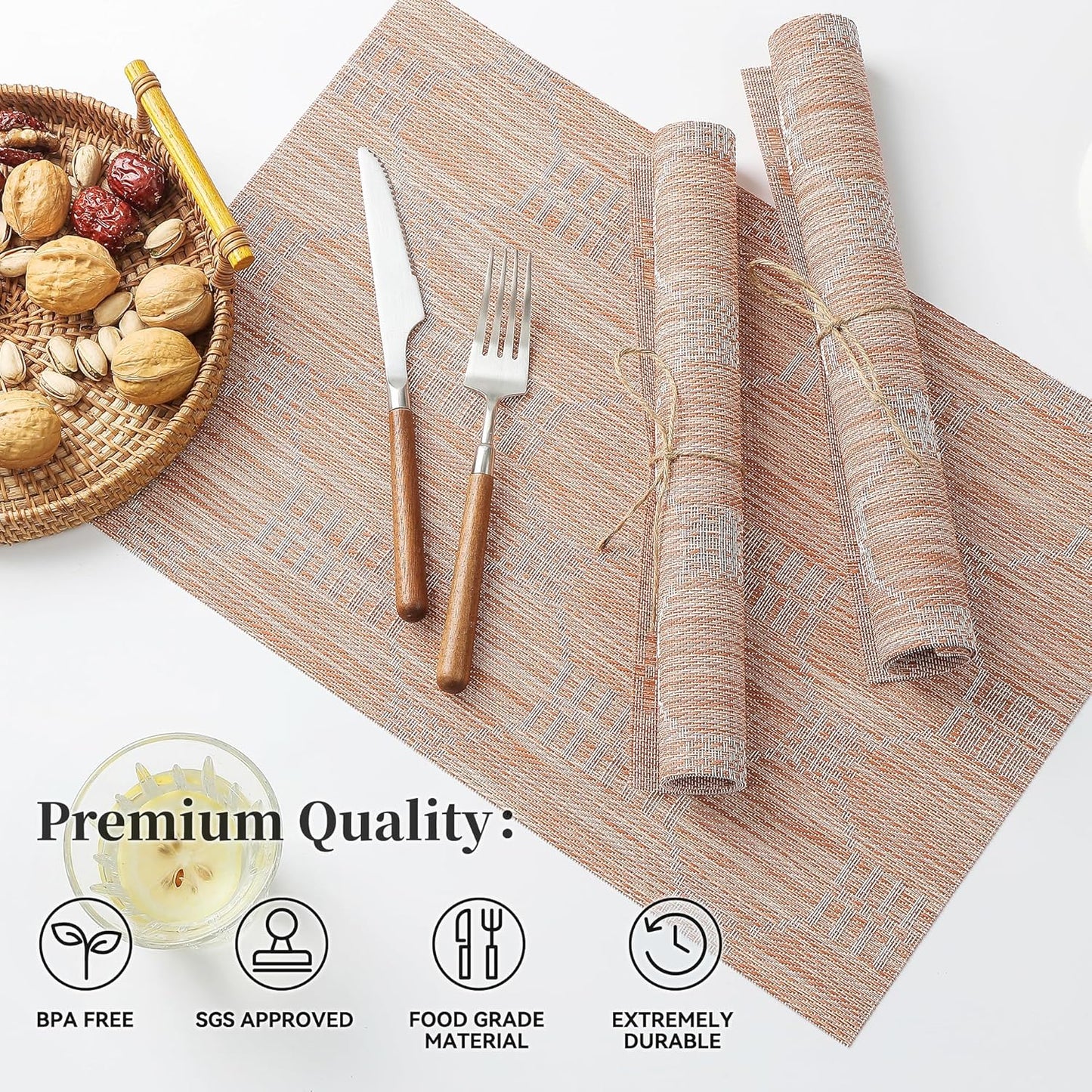 Leetaltree Coral Placemats Set of 6 - Heat Resistant Non-Slip Place mats for Dining Table, Washable Durable PVC Vinyl Woven Table Mats（Coral, 6）