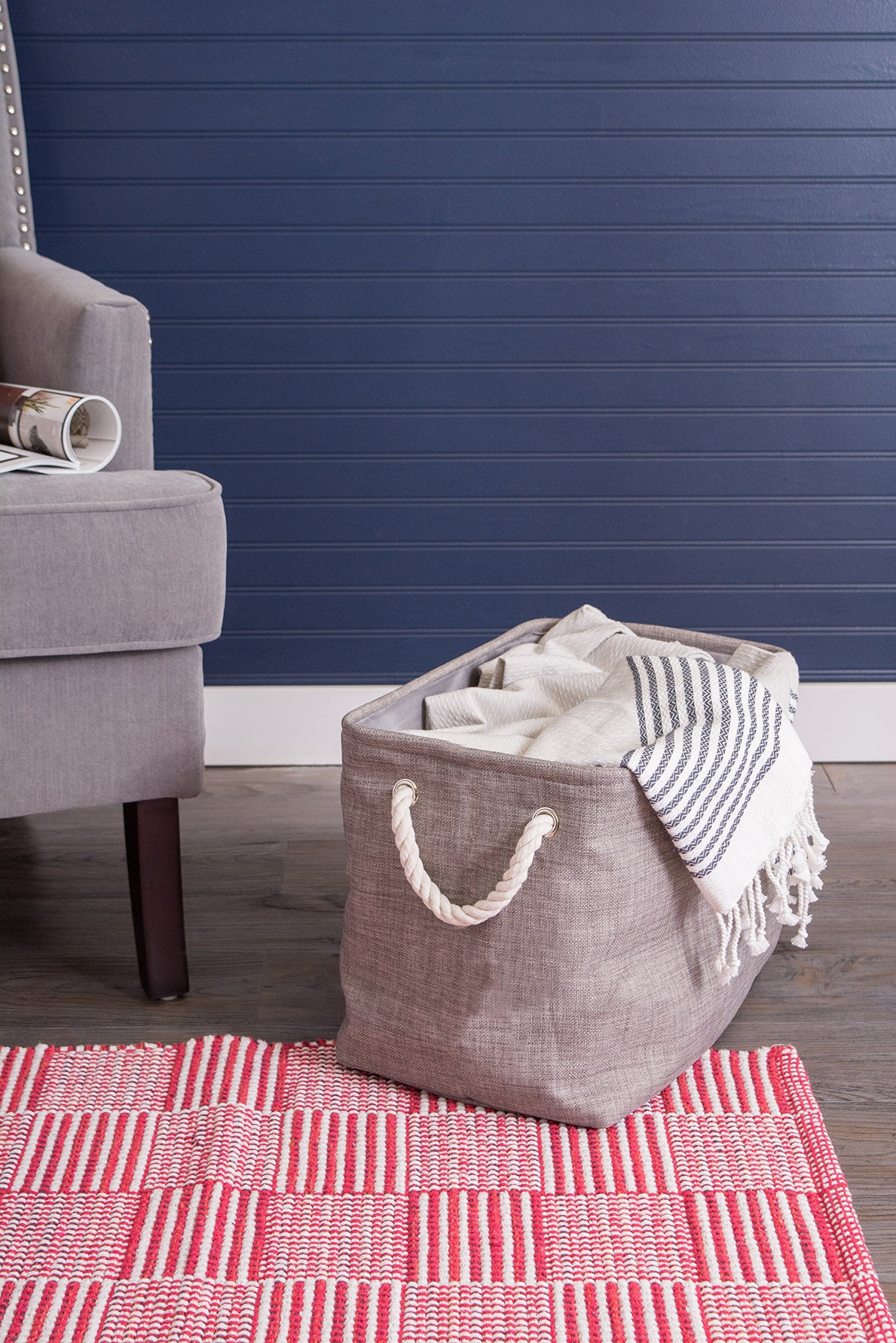 DII, Collapsible Variegated Polyester Storage Bin with Cotton Handles Small Gray