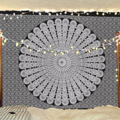 Bless International Handmade Indian hippie Bohemian Psychedelic Peacock Mandala Wall hanging College Dorm Beach Throws Table Cloth Bedding Tapestry (Black White, Twin(54x72Inches)(140x185cms))