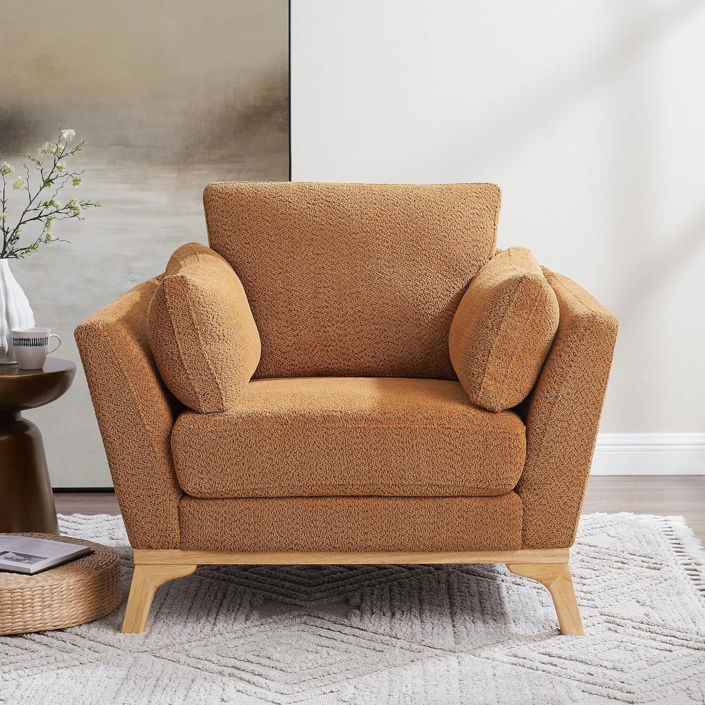 Large-Sized Accent Chair, Thick Cushion Bedroom Reading Chair, Comfortable Living Room Single Sofa， Boucle Curry