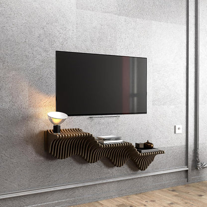 Parametric 40 inch Floating Shelf TV Unit Modern Geometric Wooden Wall Piece Decor Natural Oak Color 3D Wavy Living and Gaming Room Shelf