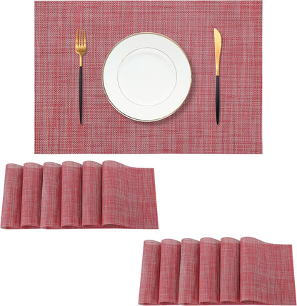 Leetaltree Red Placemats Set of 12 - Heat Resistant Non-Slip Place mats for Dining Table, Washable Durable PVC Vinyl Woven Table Mats（Red, 12）