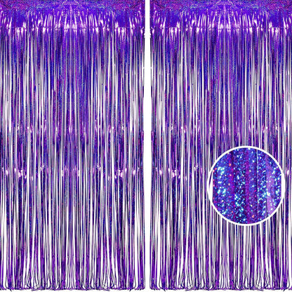 BRAVESHINE Purple Tinsel Foil Fringe Curtains - 2Pcs 3.2x8.2ft Metallic Holidays Photo Backdrop for Halloweens Birthdays Valentine's Bridal Shower Bachelorette Anniversary Engagement Party Supplies