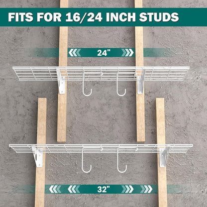 EVERHANGER Garage Wall Shelves, 12 X 48 Inch Wall Mounted Storage Shelves, Heavy Duty Metal Shelving with Hooks, 2 Pack, White