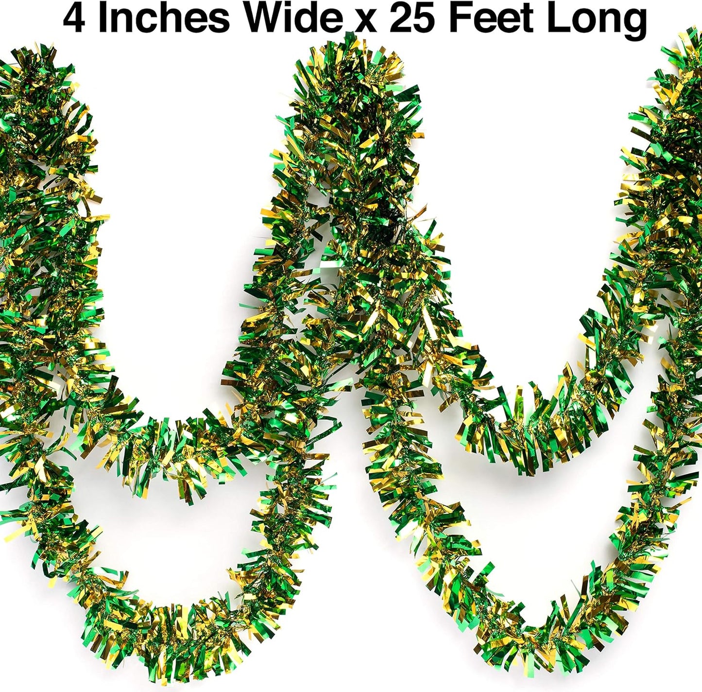 Anderson's Green & Gold Metallic Tinsel Twist for Trailer Or Golf Cart, 4 inches Wide x 25 ft Long, Christmas, Birthday, Mardi Gras, Graduation and Holiday Garland Decor for Parties and Parades