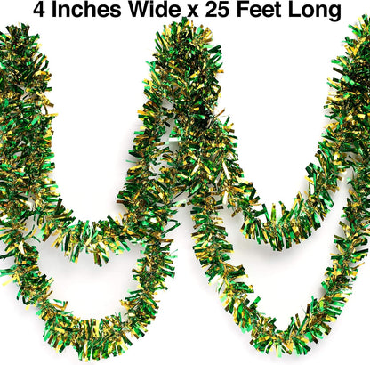 Anderson's Green & Gold Metallic Tinsel Twist for Trailer Or Golf Cart, 4 inches Wide x 25 ft Long, Christmas, Birthday, Mardi Gras, Graduation and Holiday Garland Decor for Parties and Parades