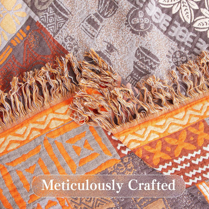 Boho Throw Blanket Twin Size, Soft Cozy Cotton Muslin Quilt Blanket for Bed Decor, Patchwork Block Couch Sofa Chair Cover, Vintage Farmhouse Cottage Tapestry Woven Blanket, Red&Orange