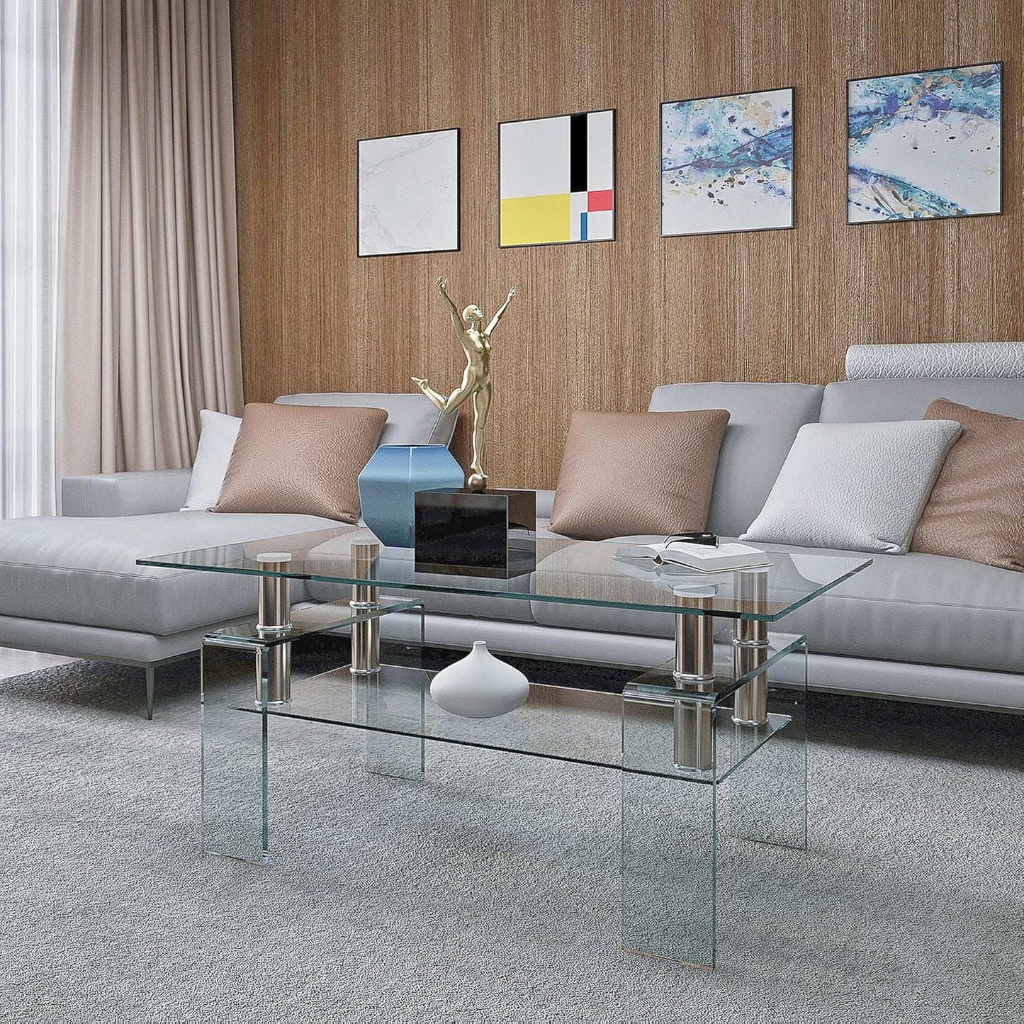 Glass Coffee Table for Living Room, Modern Rectangle All Tempered Glass Table 8mm Clear Transparent Top Home Furniture for Small Space Bearing 220LB
