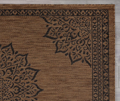 CAMILSON Outdoor Rug, 9x12 Medallion Nut Brown Black Modern Area Rugs for Large Indoor and Outdoor Patios, Kitchen and Hallway Mats, Washable Porch Deck Outside Carpet (Nut Brown Black, 9 x 12)