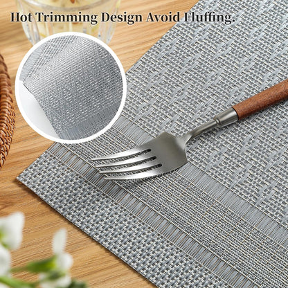Leetaltree Lunar Grey Placemats Set of 8 - Heat Resistant Non-Slip Place mats for Dining Table, Washable Durable PVC Vinyl Woven Table Mats（Lunar Grey, 8）