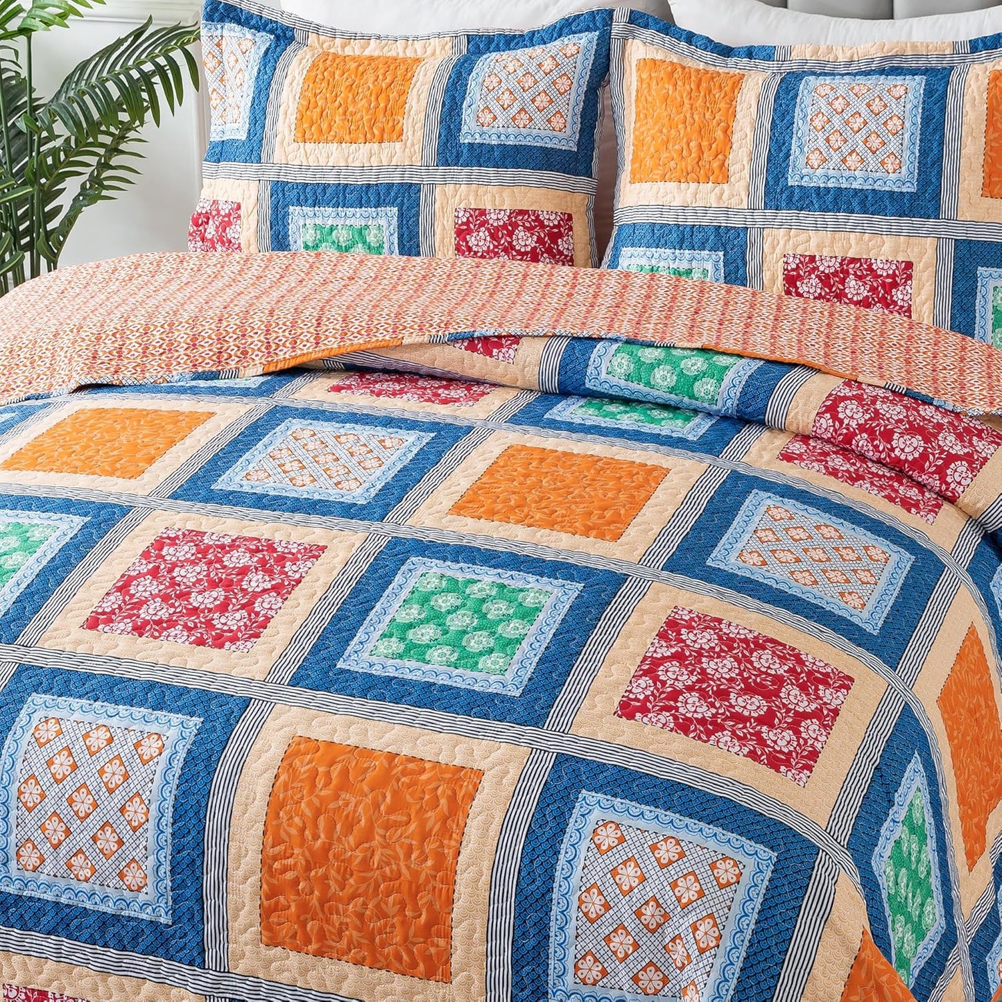 NEWLAKE Quilt Bedspread Sets - Bohemian Farmhouse Pattern Reversible Coverlet Set, King Size