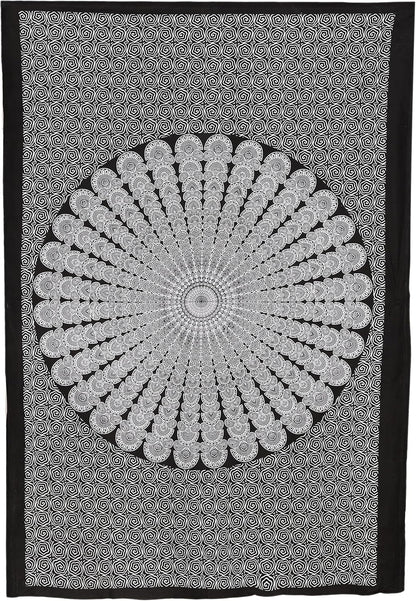 Bless International Handmade Indian hippie Bohemian Psychedelic Peacock Mandala Wall hanging College Dorm Beach Throws Table Cloth Bedding Tapestry (Black White, Twin(54x72Inches)(140x185cms))