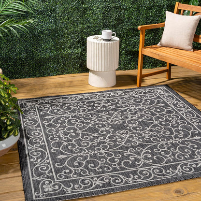 JONATHAN Y Vintage Filigree Indoor Outdoor Square Area Rug 5X5 Black/Gray, Charleston Textured Weave for Backyard, Patio, Porch, Easy-Cleaning, High Traffic, Pet-Friendly, Non-Shedding (SMB106G-5SQ)