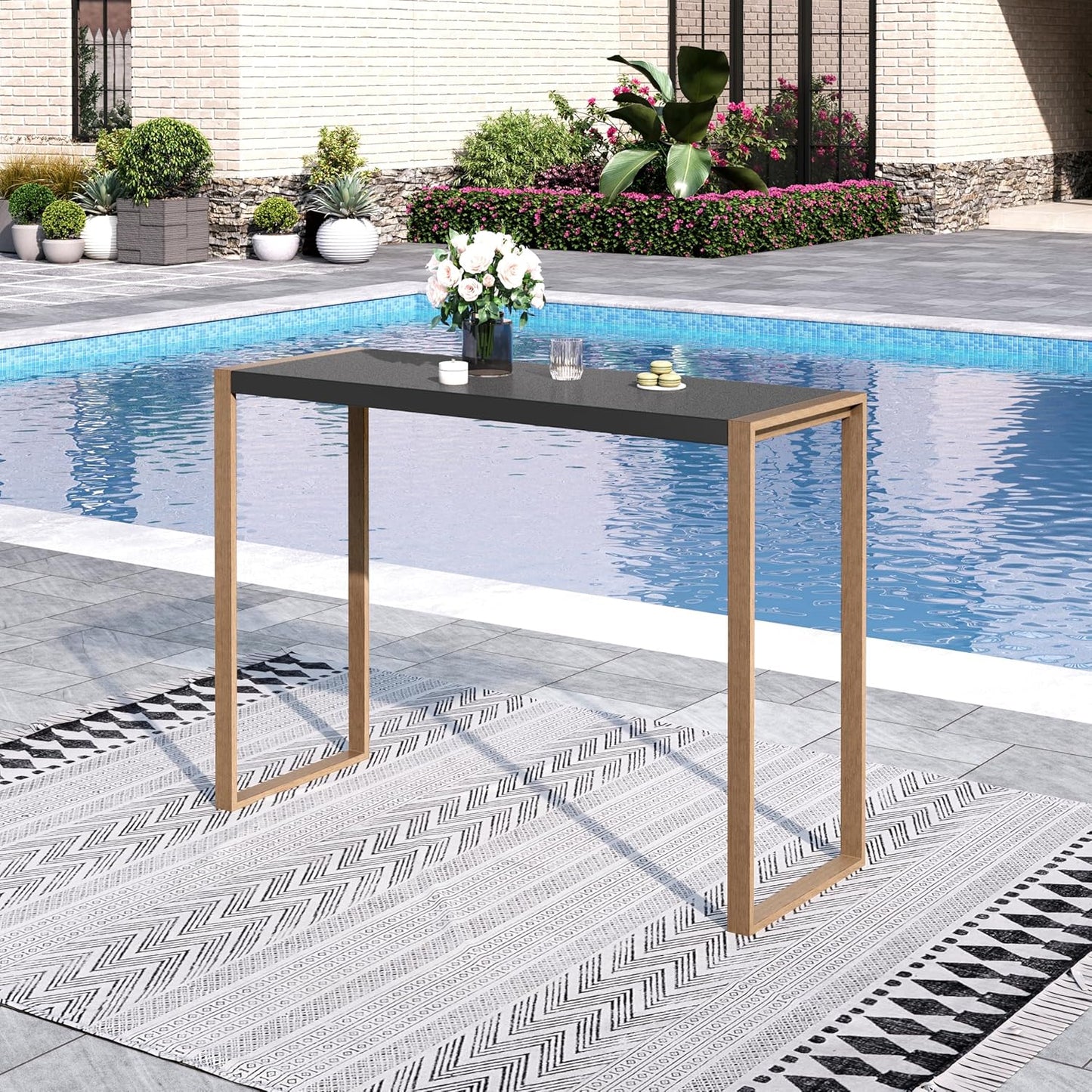 Sophia & William Bar Table,Bar Height Pub Table Counter Height Bar Table,Larimar Tabletop and Natural Woodgrain Legs,Black