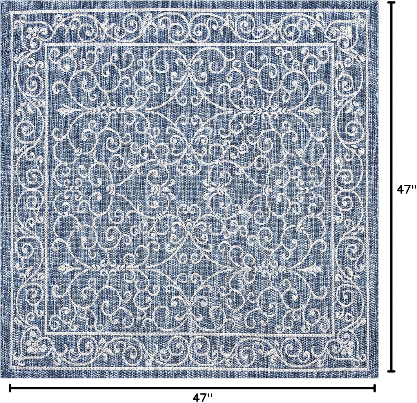JONATHAN Y Vintage Filigree Indoor Outdoor Square Area Rug 4X4 Navy/Gray, Charleston Textured Weave for Backyard, Patio, Porch, Easy-Cleaning, High Traffic, Pet-Friendly, Non-Shedding (SMB106D-4SQ)