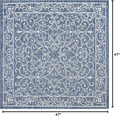 JONATHAN Y Vintage Filigree Indoor Outdoor Square Area Rug 4X4 Navy/Gray, Charleston Textured Weave for Backyard, Patio, Porch, Easy-Cleaning, High Traffic, Pet-Friendly, Non-Shedding (SMB106D-4SQ)