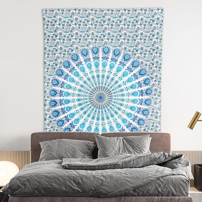 Bless International Handmade Indian hippie Bohemian Psychedelic Peacock Mandala Wall hanging College Dorm Beach Throws Table Cloth Bedding Tapestry (Peacock Sky Blue, Twin(54x72Inches)(140x185cms))