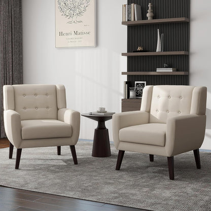 UIXE Accent Chair, Modern Upholstered Armchair in Fabric for Living Room, Comfy Club Arm Chairs Single Sofa Button Tufted Bedroom Reading Seat - White, Set of 1