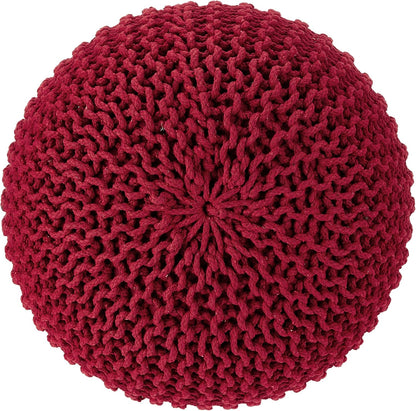 REDEARTH Round Pouf Ottoman - Hand Knitted Cable Boho Poof - Foot Stool Bean Bag - Home Décor Stuffed Footrest for Living Room - Nursery - Bedroom - 100% Cotton Poufs (19.5"x19.5"x14") - Red