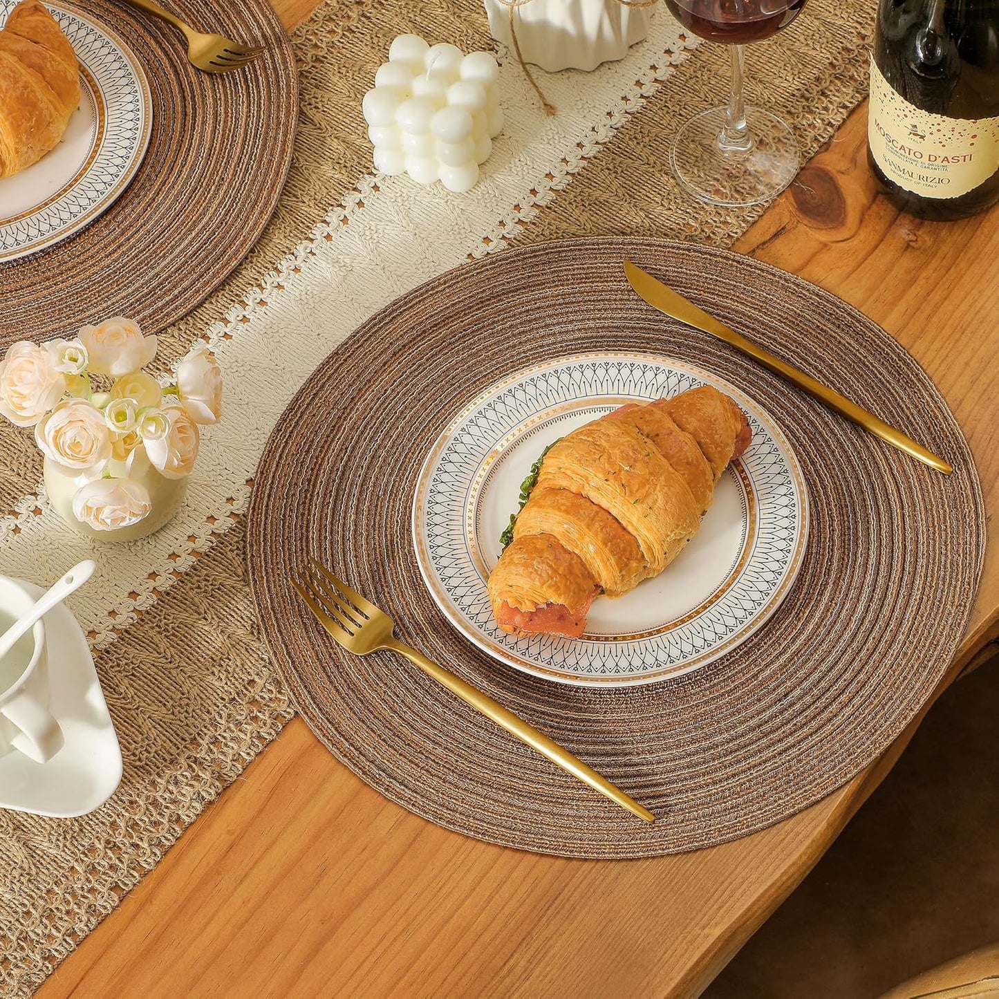 Leetaltree Round Placemats Heat and Slip Resistant Cotton Table Mats, Washable Bohemian Placemats for Dining Tables (Brown, Set of 8)